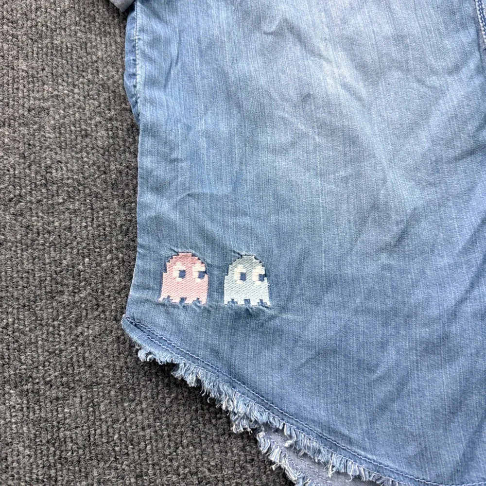 Justice Pac-Man Denim Shirt Girls Large 12/14 Embroidered Raw Hem Gamer Chambray